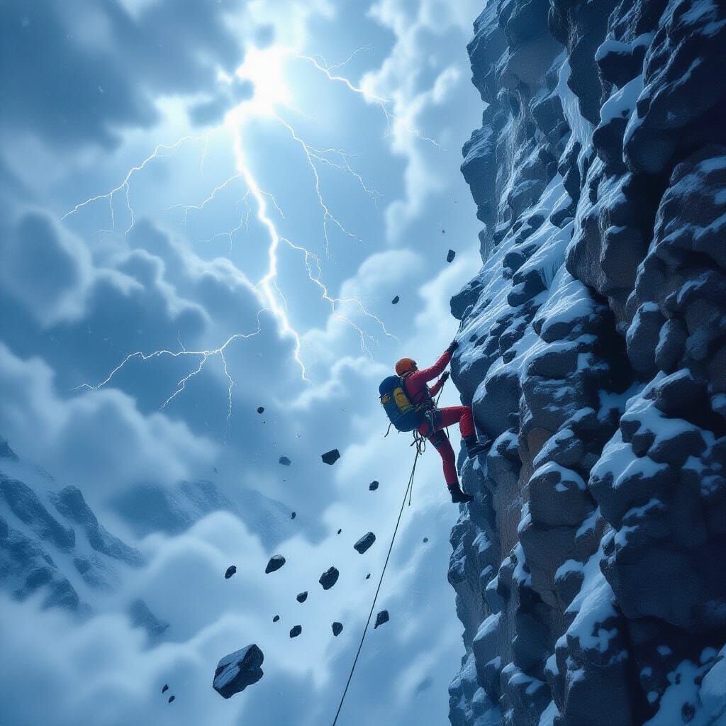 Climber's Perilous Ascent in Stormy Landscape