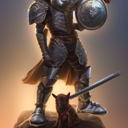 Armored Dog Warrior with Bone, Detailed Matte Painting