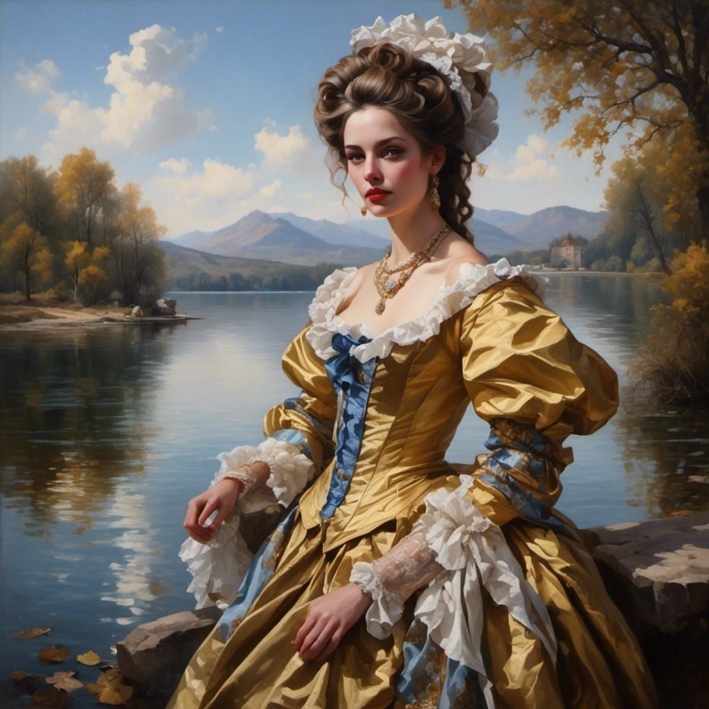 Rococo Woman by Lake: Hyperrealistic Portrait