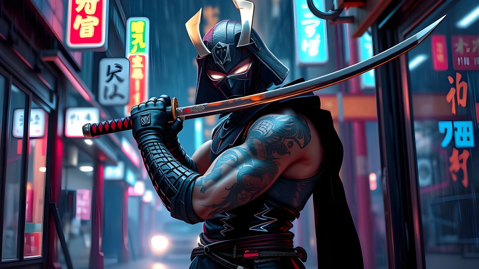 Cyberpunk Samurai Warrior in Porcelain Anime Style