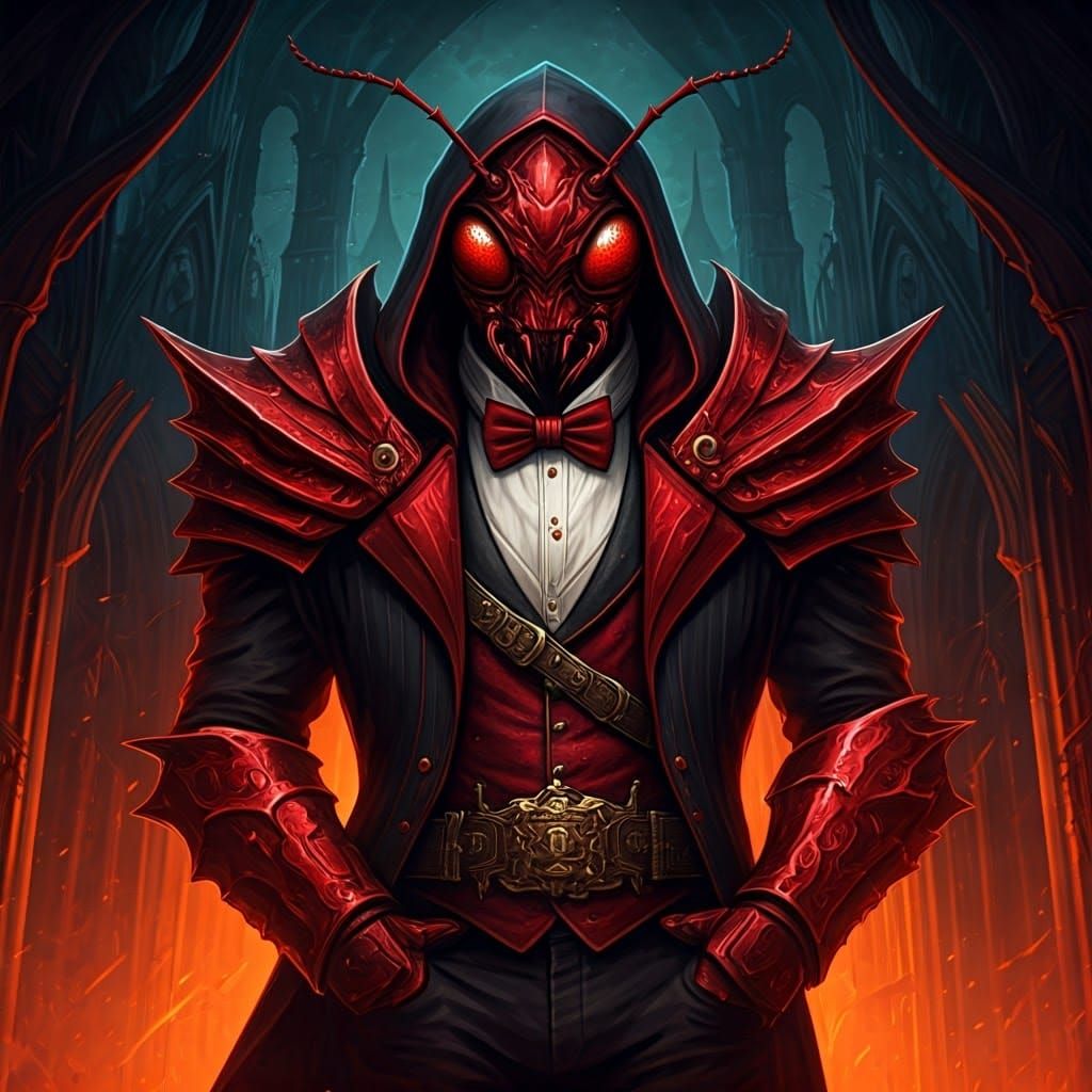 Crimson Insectoid Rogue in Gothic Setting
