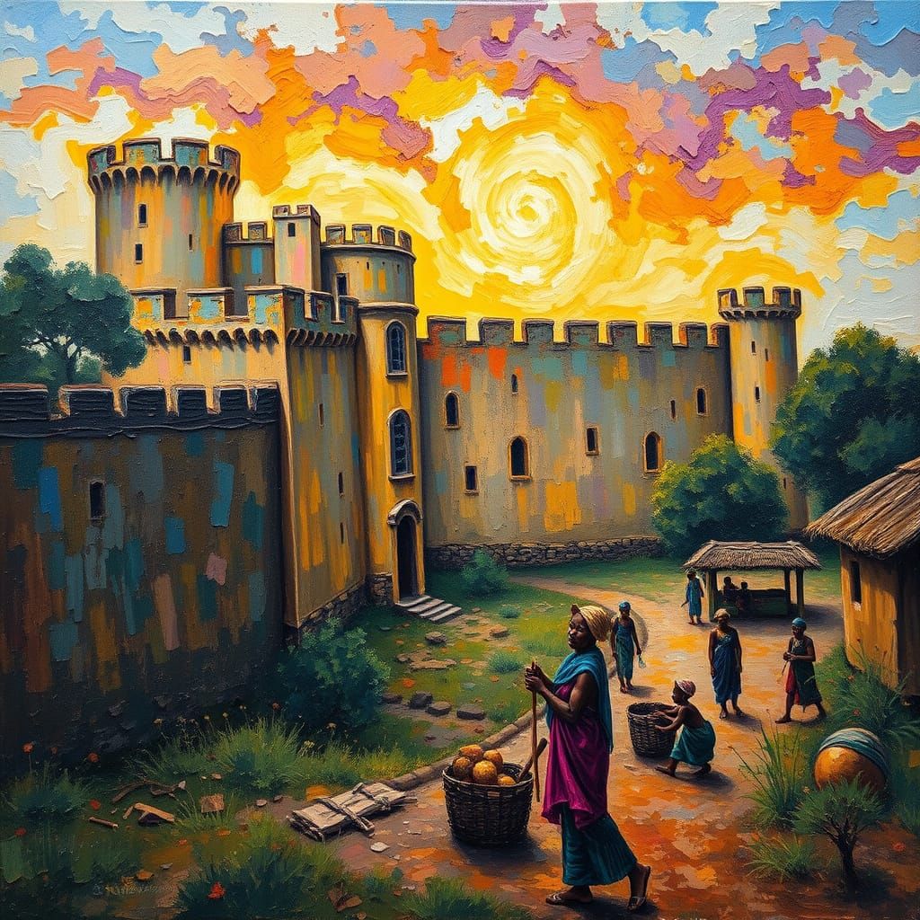14th Century African Castle with Workers, Neo-Impressionist ...