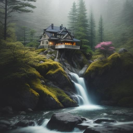 Serene Mountain House with Waterfall in Soft Light