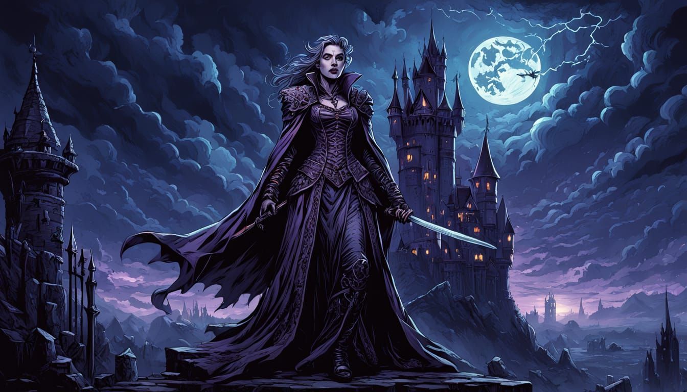 Vampire Sorceress with Tiger in Comic Book Art