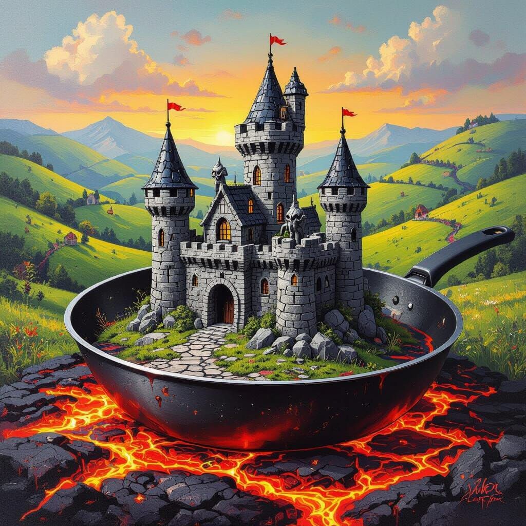 Miniature Castle Floating in Frying Pan, Surreal Art