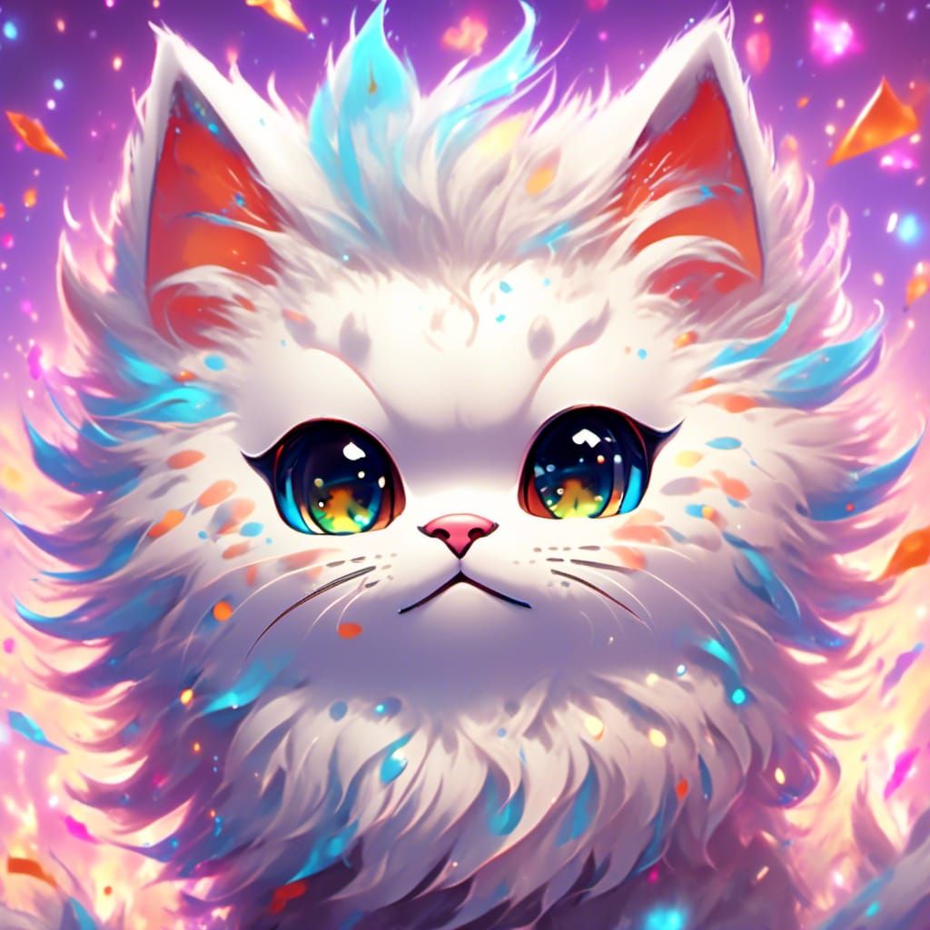 Chibi Fluffy Cat with Anime Eyes in Manga Style