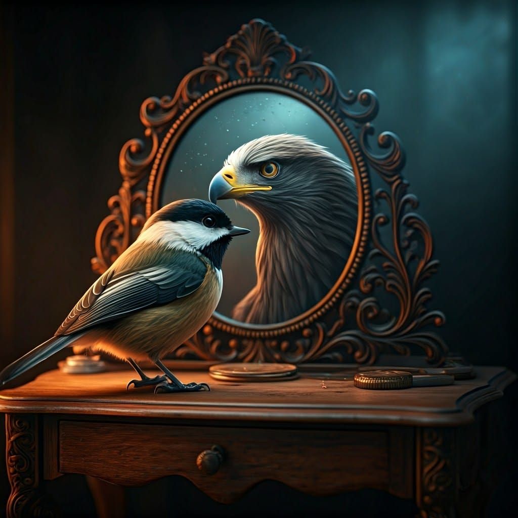 Chickadee's Mirrored Eagle: Hyperrealistic Fantasy Photograp...
