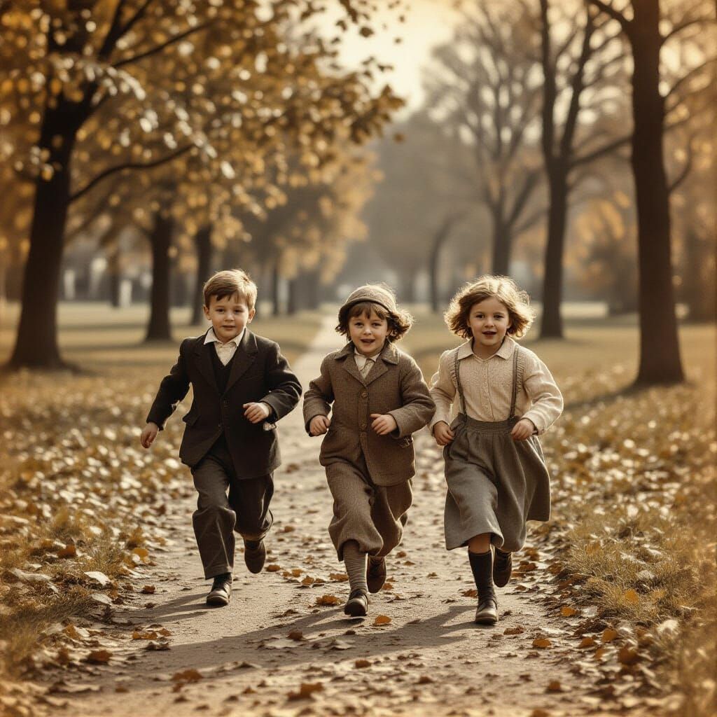 Vintage Polaroid Photo of Children Running in Park