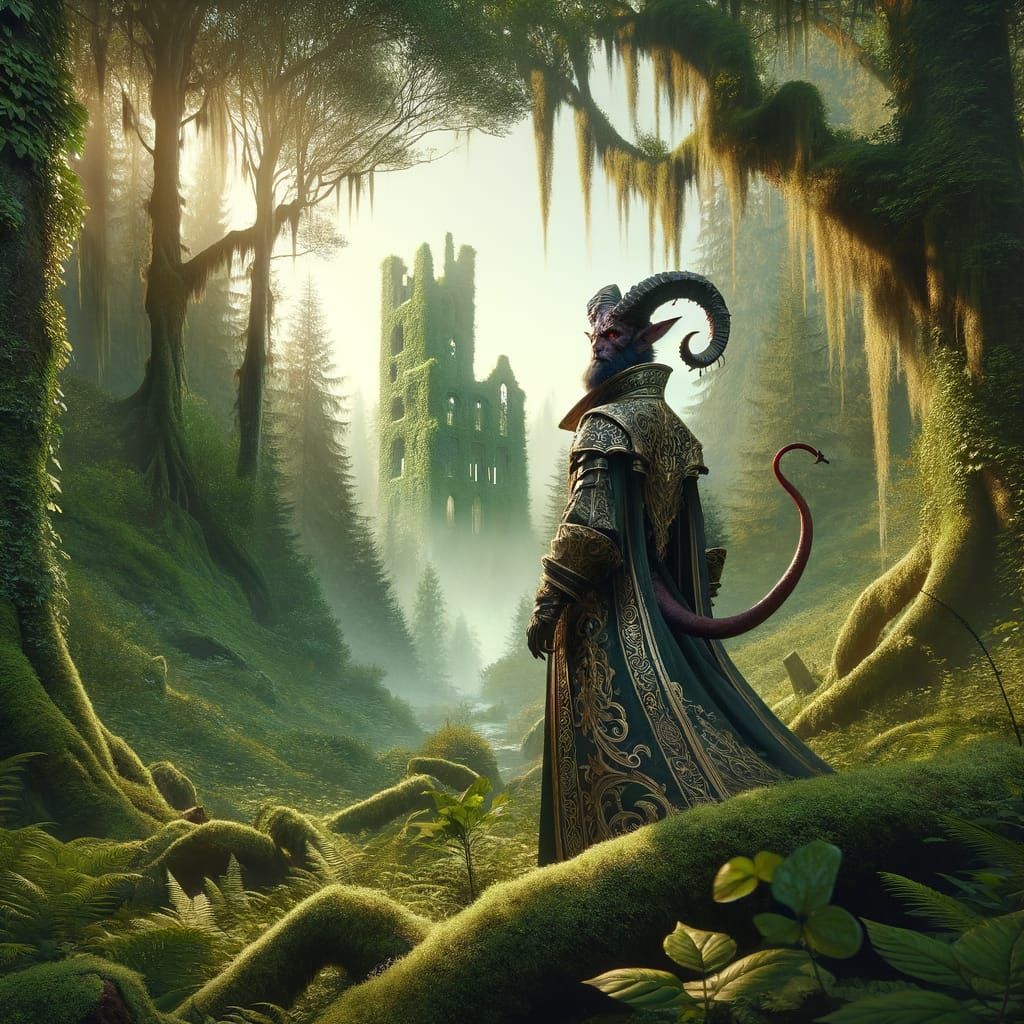 Tiefling Warlock in Overgrown Forest
