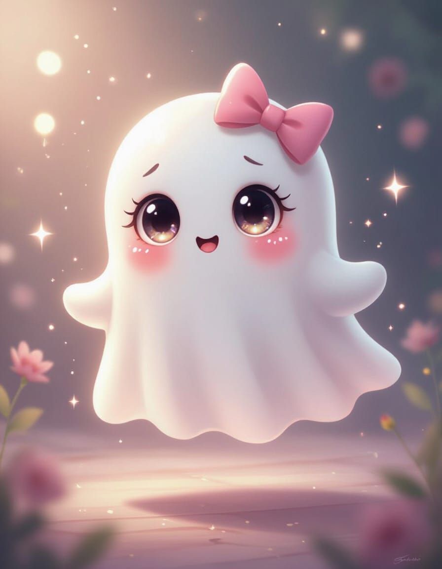 Cute Kawaii Ghost with Pink Bow and Sparkling Eyes