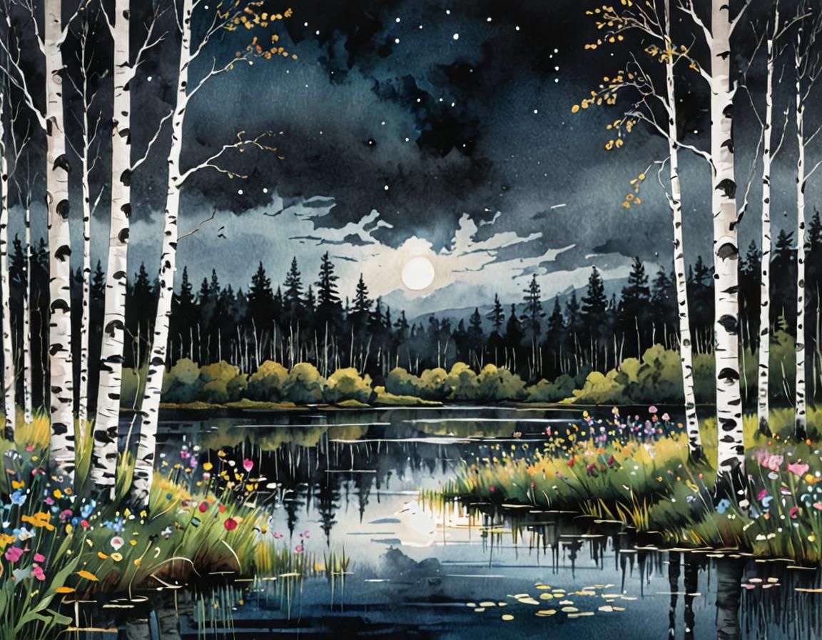 Vaporwave Birch Trees and Wildflowers in Metallic Ink