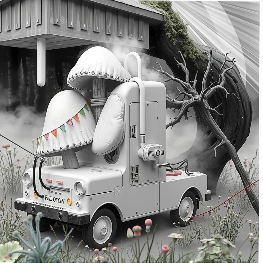 Surreal Mushroom Bungalow with Industrial Machinery