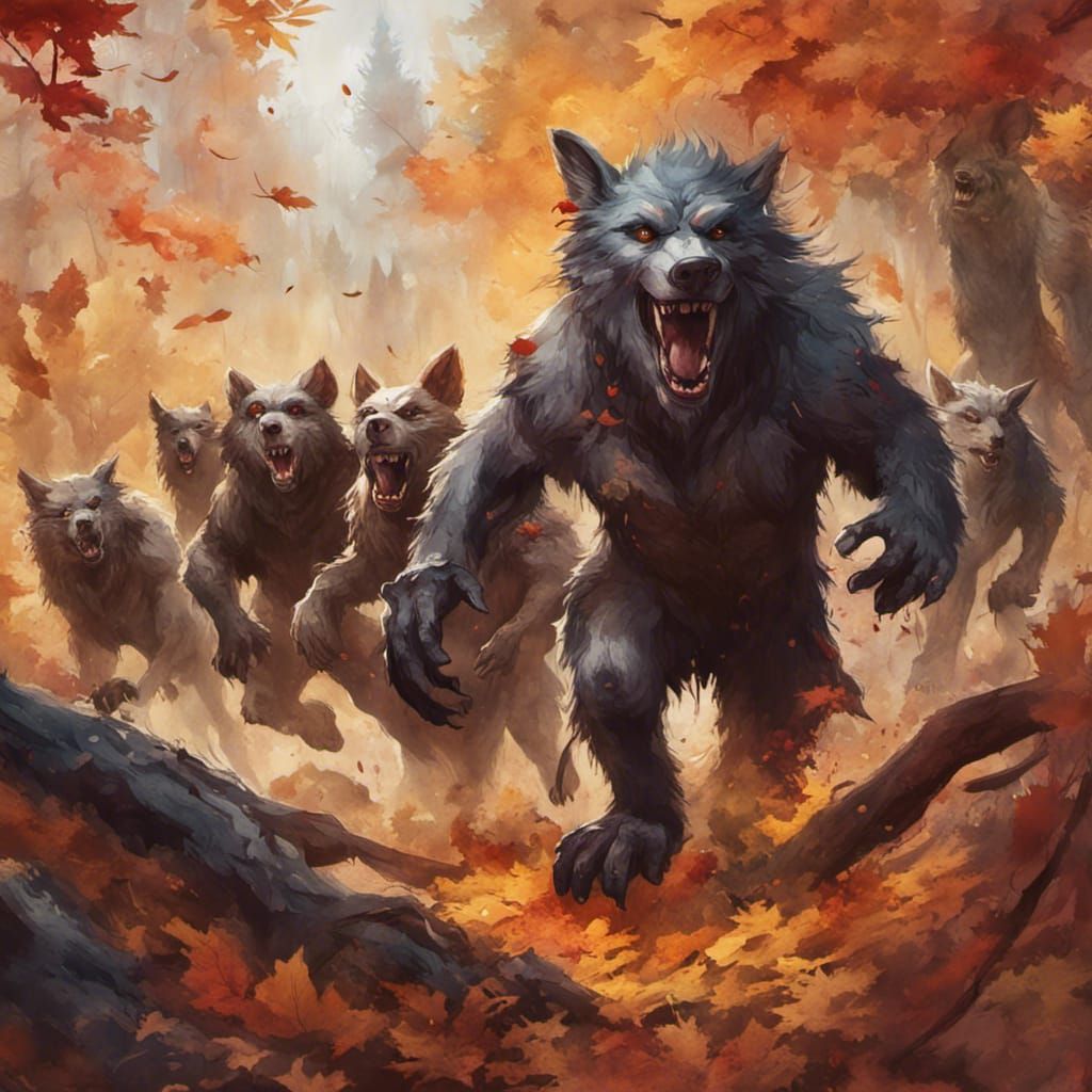 Werewolf Army's Autumnal Charge: Watercolor Fantasy