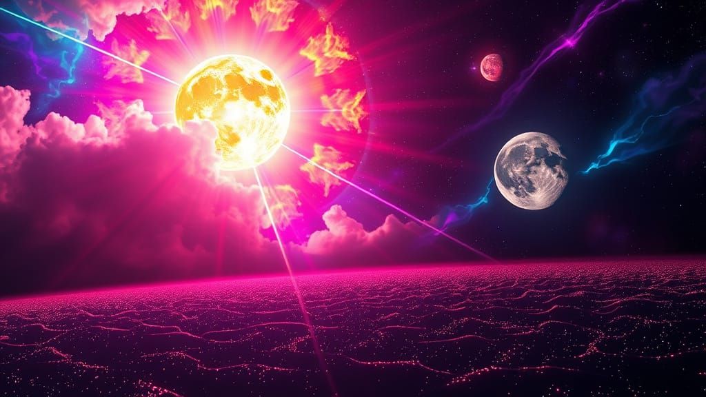 Luminescent Cosmic Sunburst in Neon Futurism Style