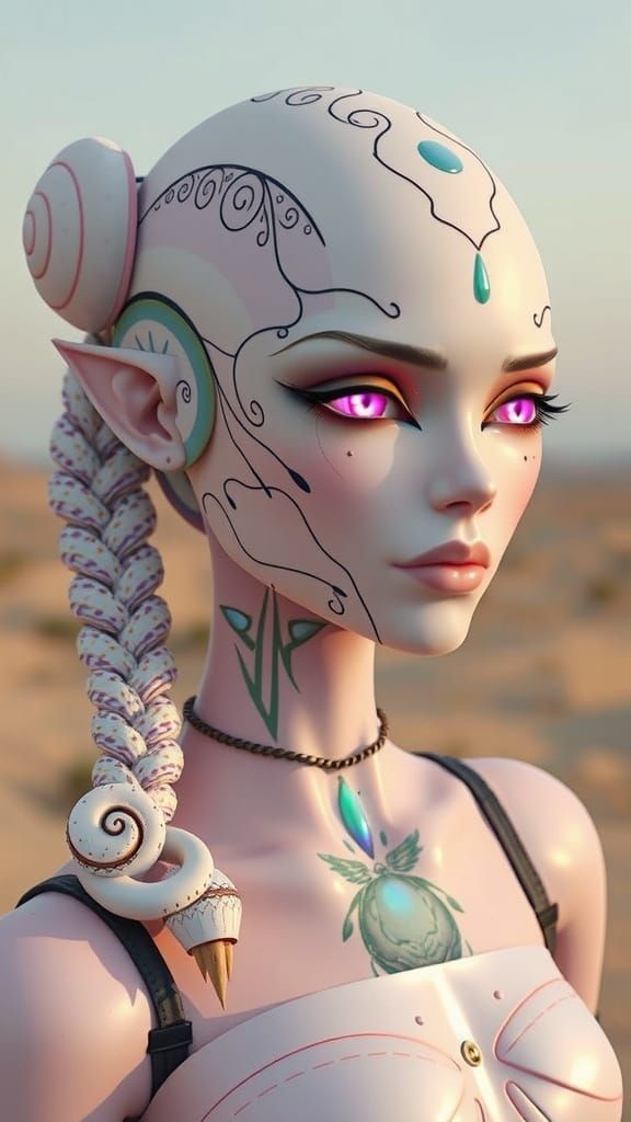 Alien Woman with Snail Braids and Opal Eyes