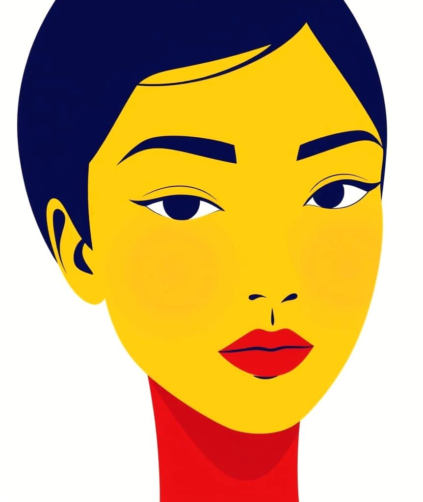 A minimalist portrait inspired by geometric art, with simple and clean lines. The face is rendered in bold, flat colors ...