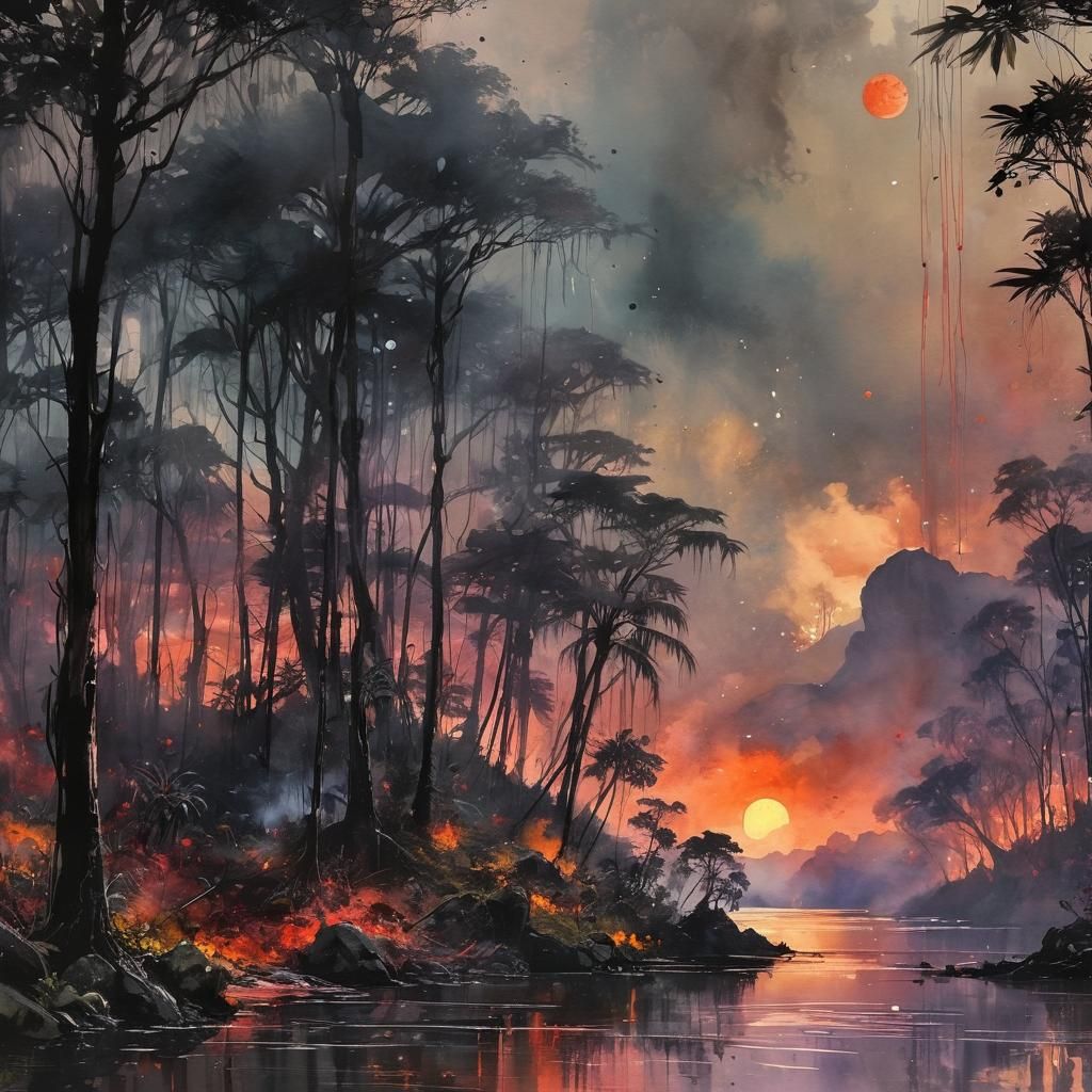 Rainforest Sunset Under Blood Moon, Watercolor