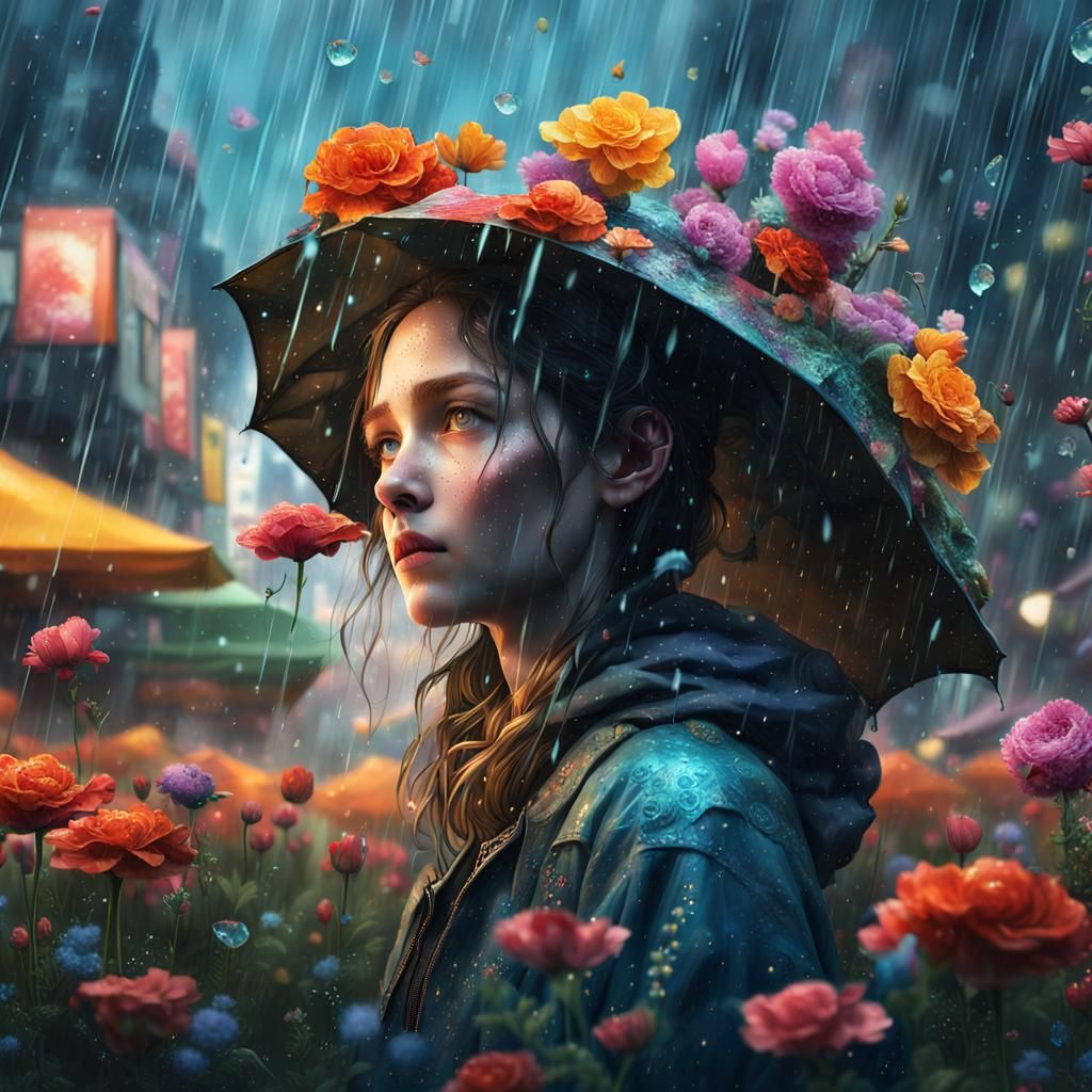 Fantasycore Girl in Rainy Flower Garden