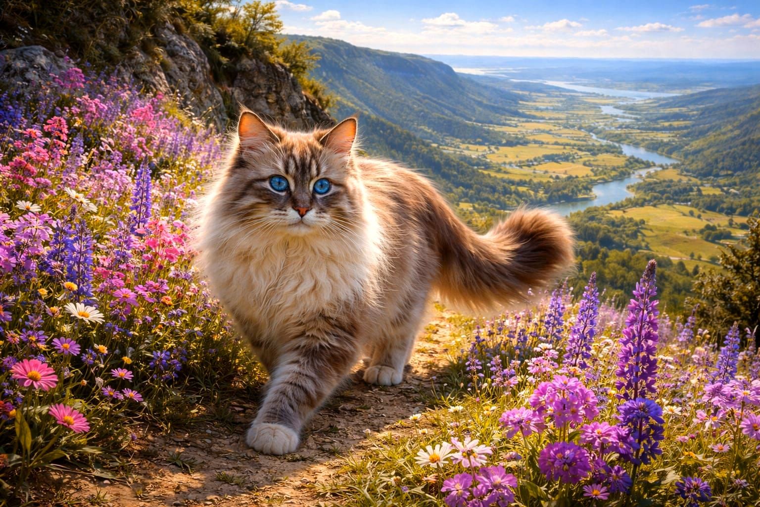 Hyper Realistic Cat in Flower Field Painting