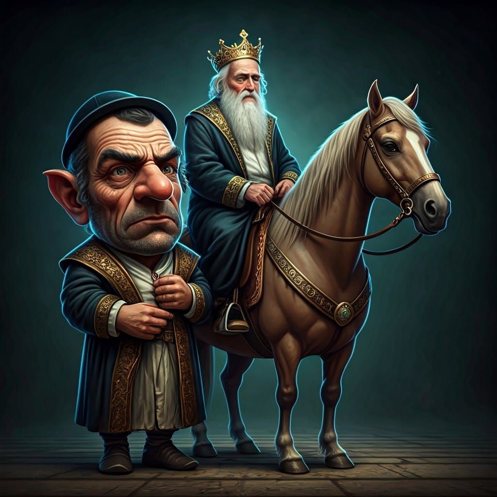 Miniature Talmudic Minister Scowls Under Majestic Horse, wit...