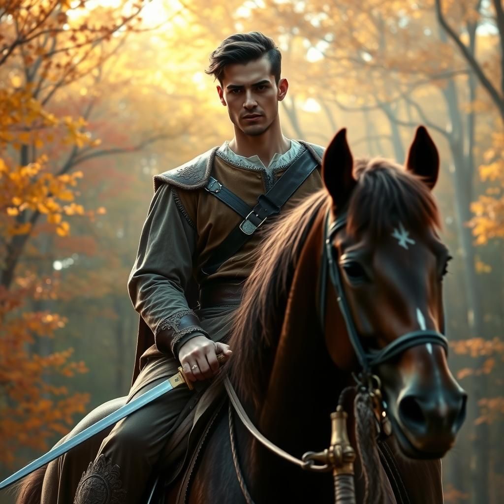 Renaissance Man on Horseback in Autumn Forest