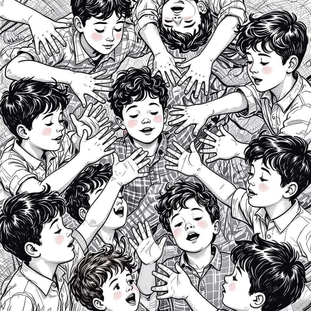 Dynamic Boys' Hands in Expressive Line Drawing Style