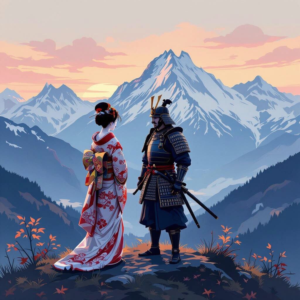 Geisha and Samurai on Swiss Alps Mountaintop at Twilight