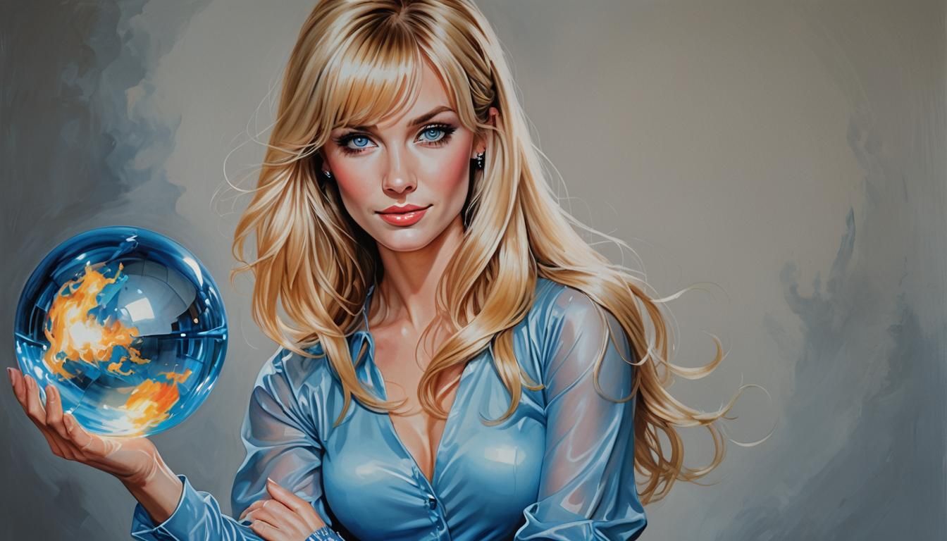 Beautiful Woman Holding Mystical Sphere in Acrylic Painting