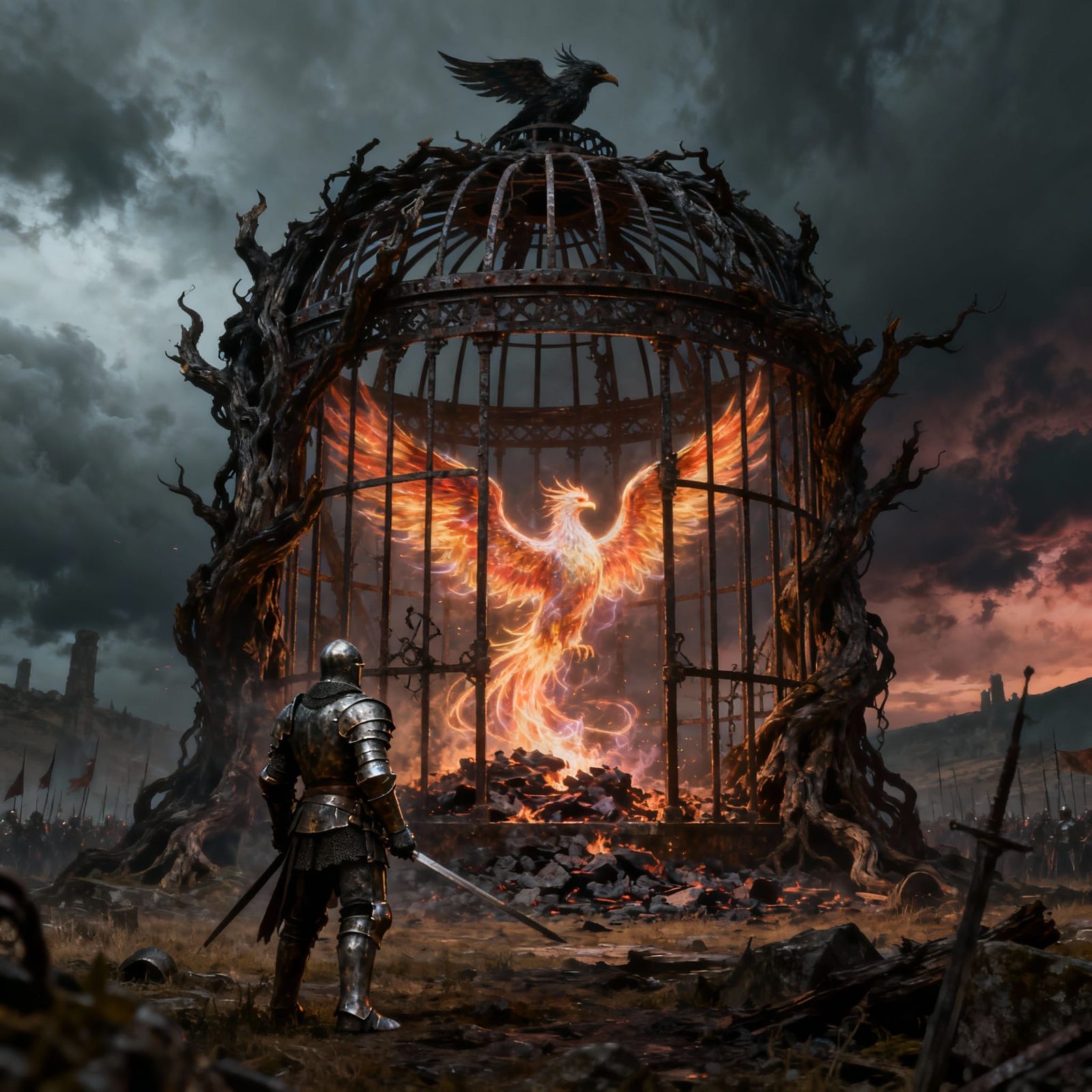 Knight Faces Phoenix Cage in Dark Fantasy Battlefield