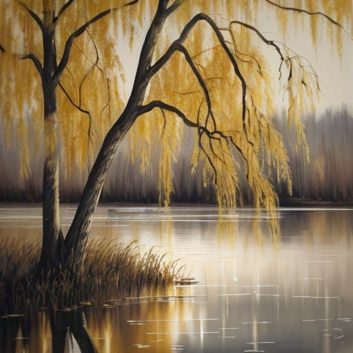 Encaustic Painting of Weeping Willow in Golden Light