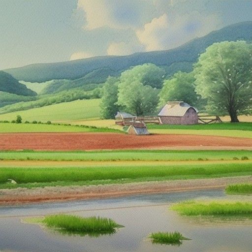 Peaceful Farm in Summer Watercolor Style