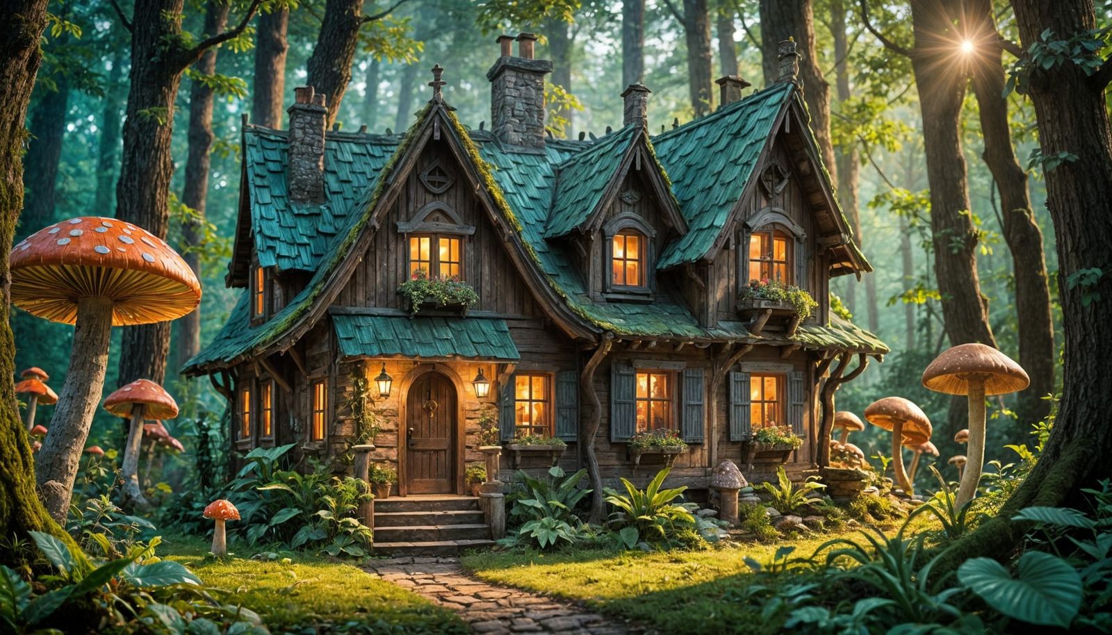 Dreamy, Whimsical Fantasy Cottage Amidst Bioluminescent Mush...