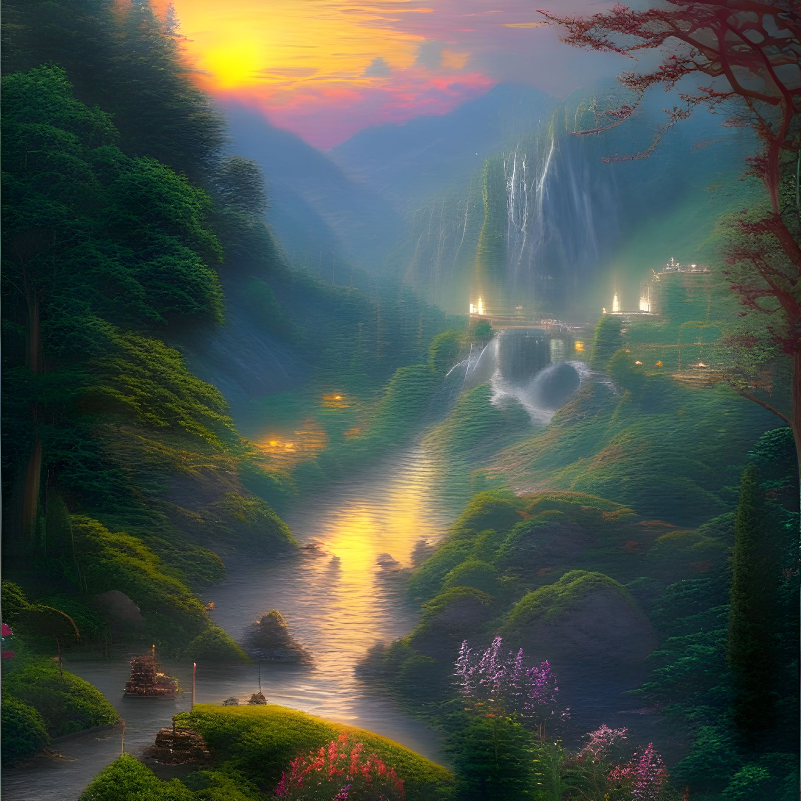 Rivendell Sunset: Ethereal Oil Painting