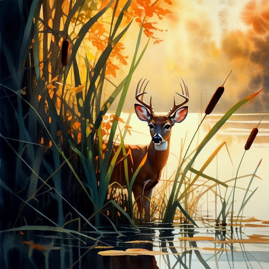 Watercolor Deer in an American Folk Art Style