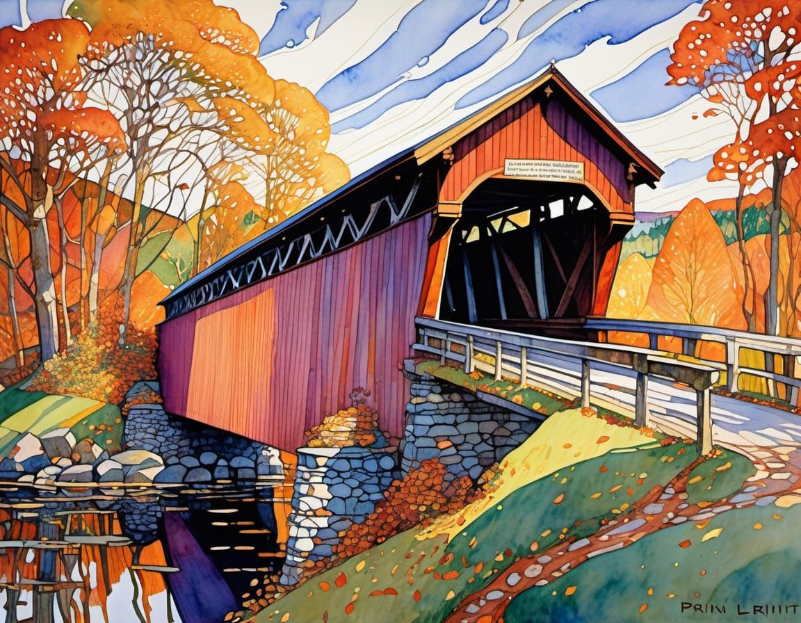 Autumn Covered Bridge Inspired by Klimt