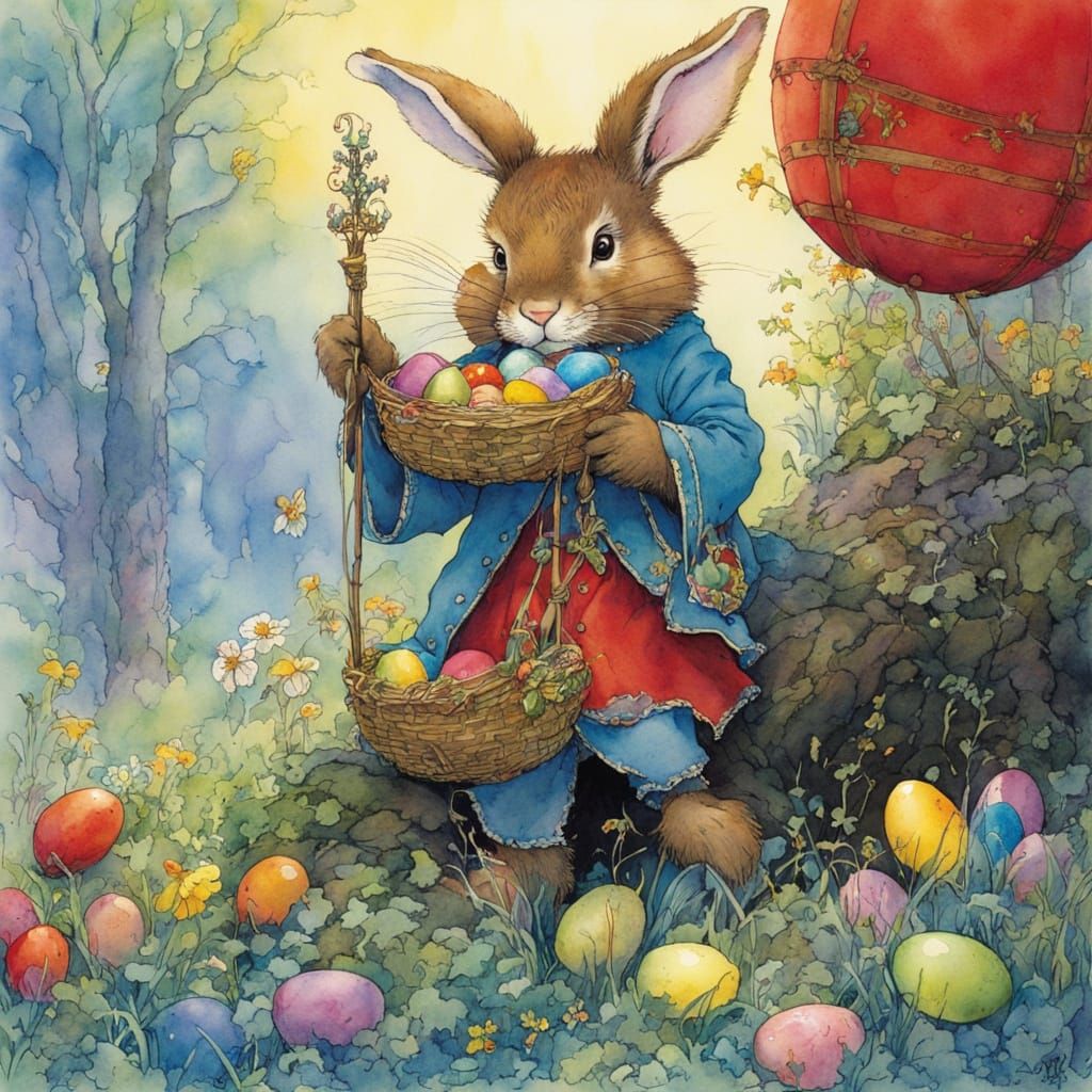 Easter Bunny Collects Vibrant Easter Eggs in Whimsical Water...