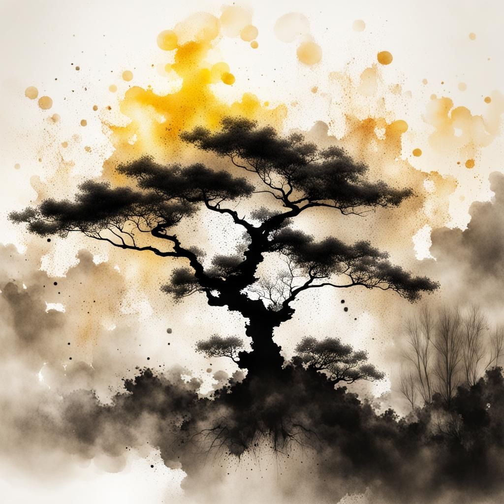 Chinese Ink Tree with Splatters and Divine Light