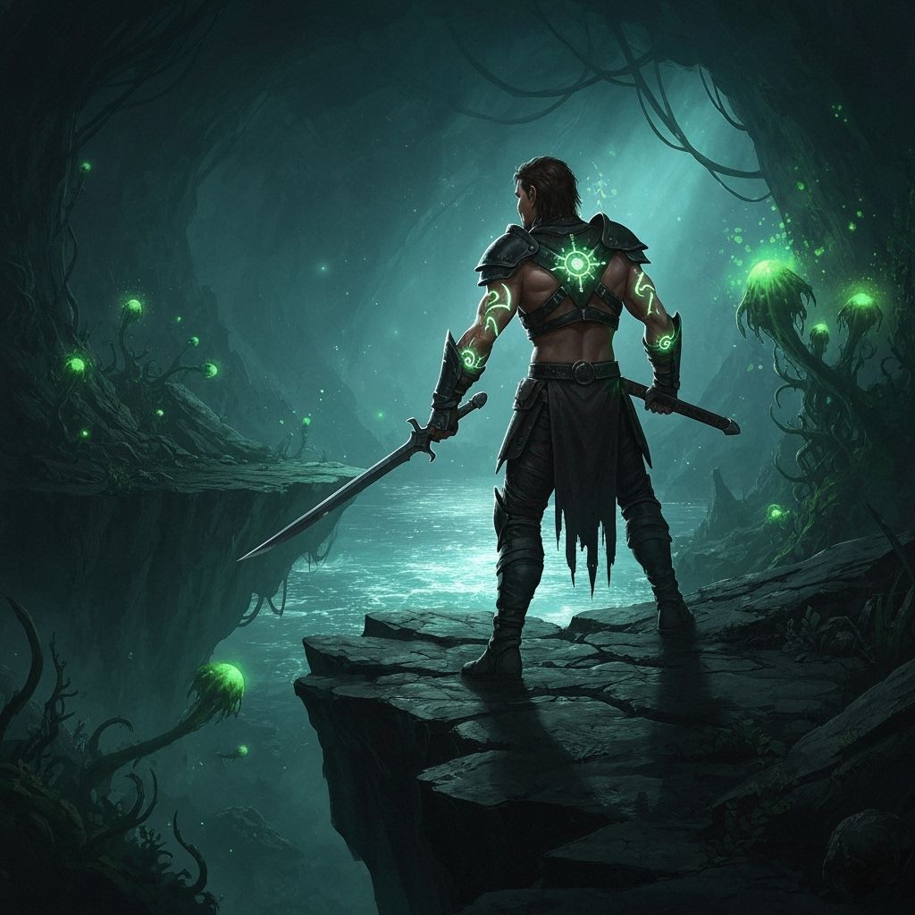 Duelist Overlooking Bioluminescent Underground Sea