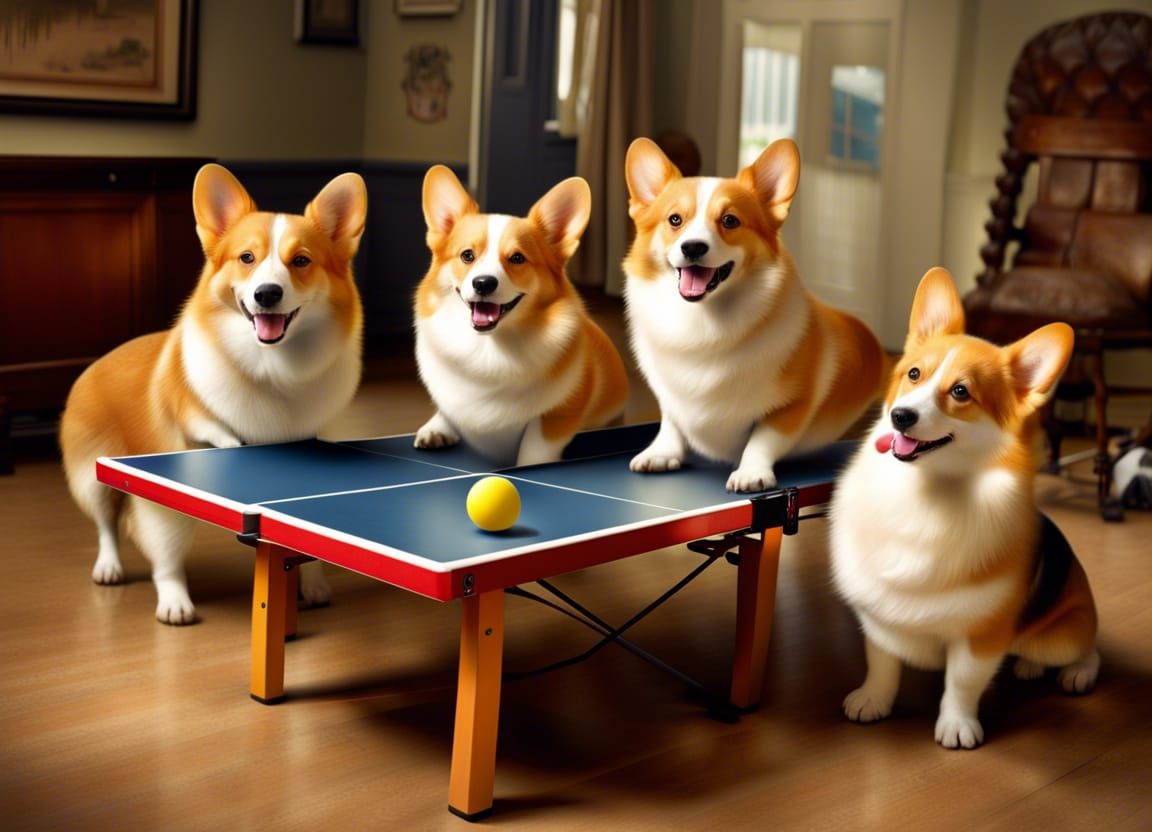 Corgi Dogs Play Table Tennis in HDR