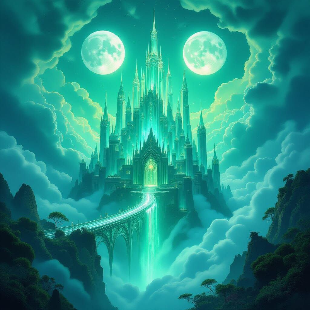 Floating Crystalline Castle in Emerald Clouds