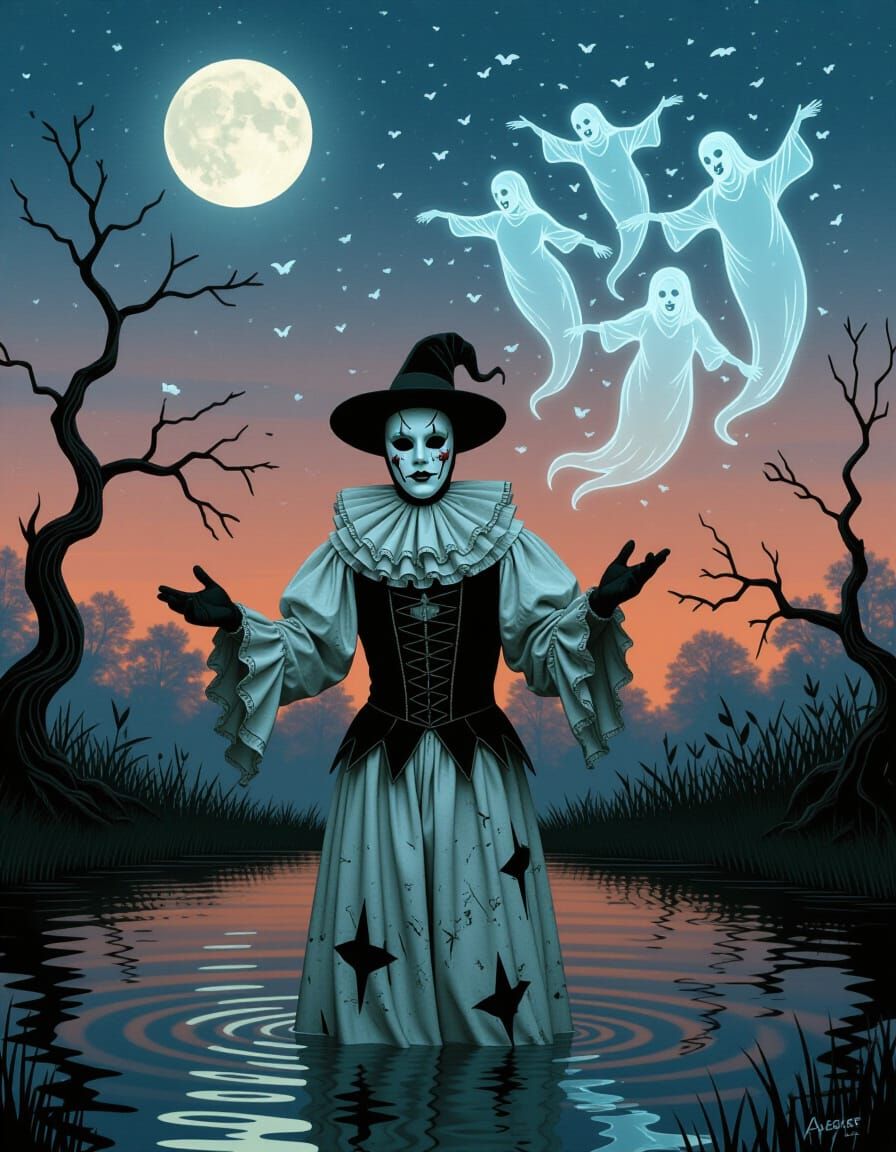 Commedia dell'Arte Actor's Final Bow in Eerie Bog