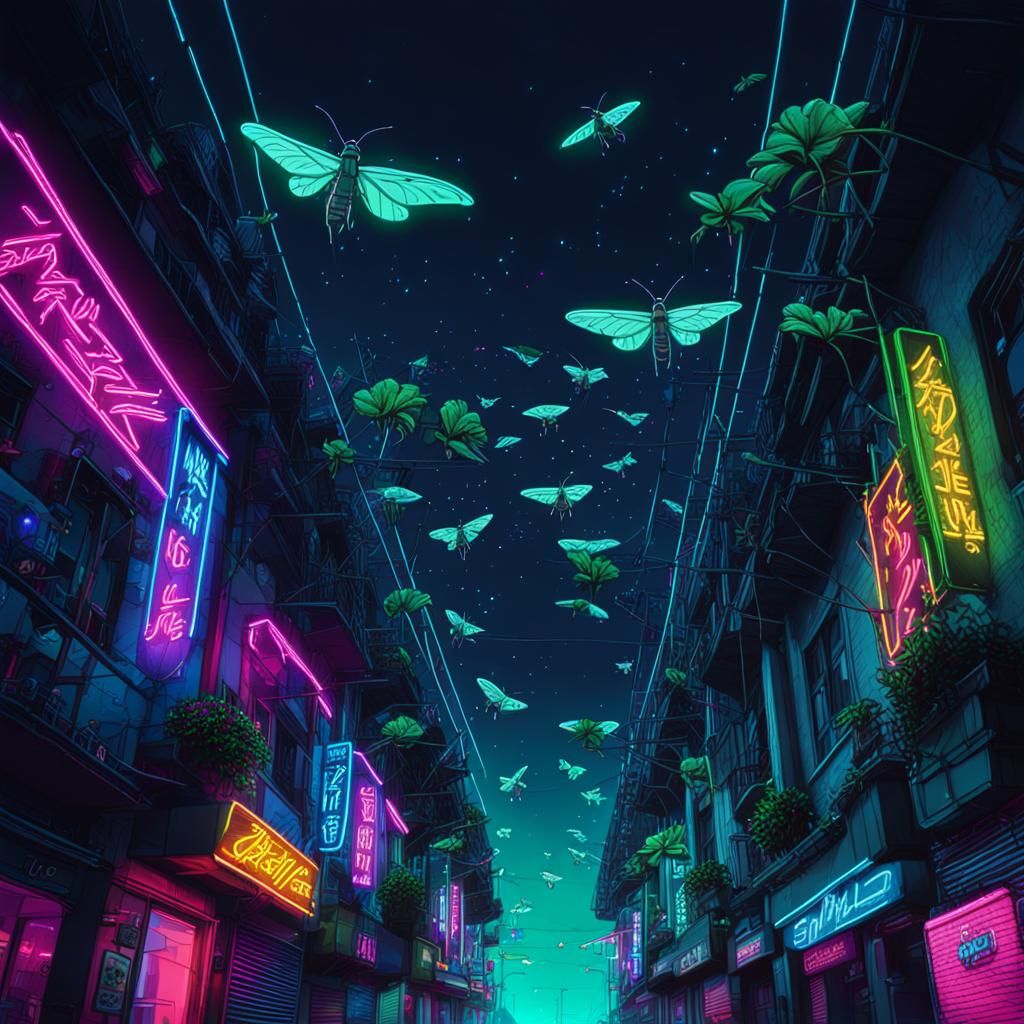 Neon Plants and Moths in Synthwave Cityscape