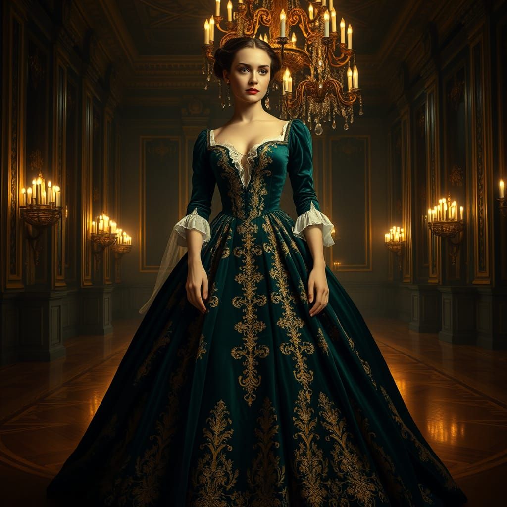1700s Emerald Velvet Ball Gown in Candlelit Ballroom
