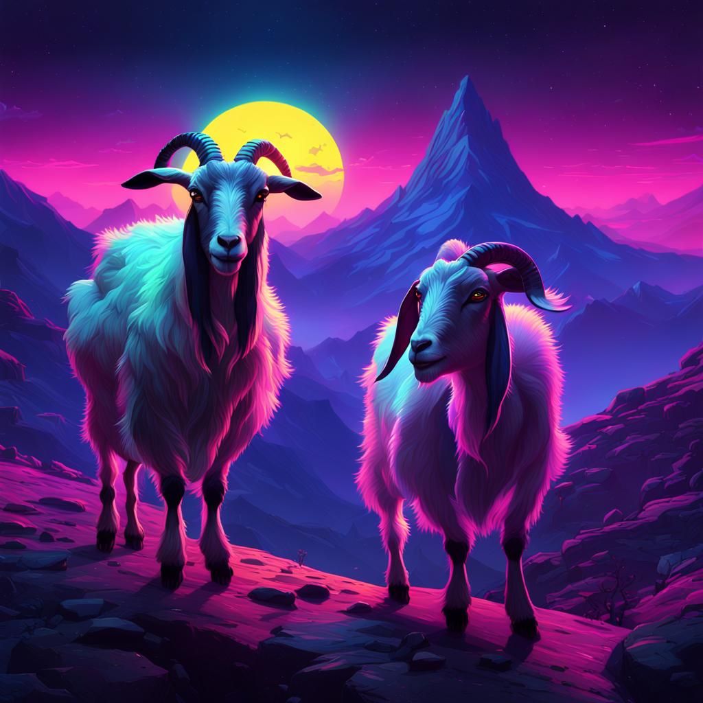 Goats with Sunglasses Under Neon Moon, Dark Fantasy Art