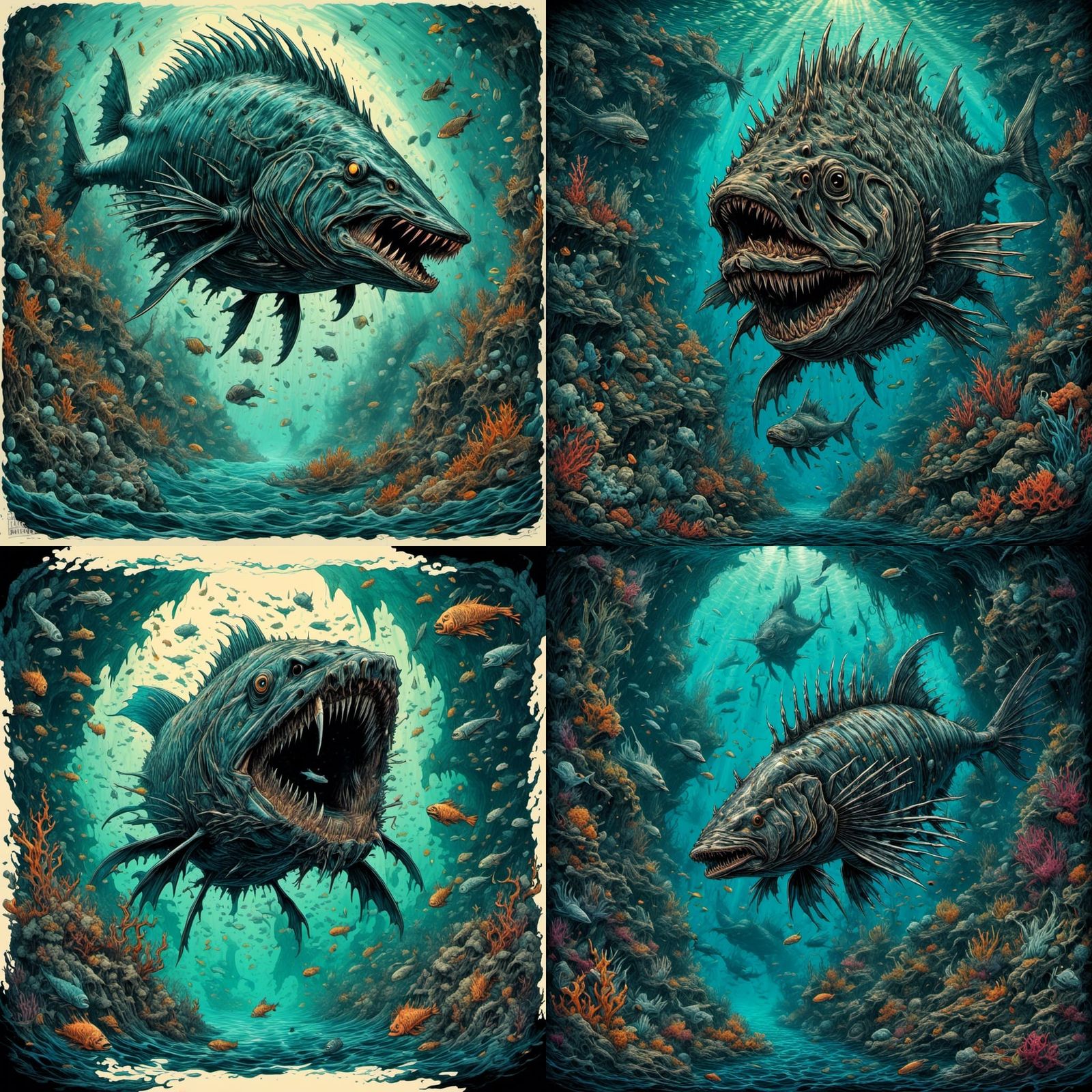 Underwater Cave Fish Fantasy Illustration