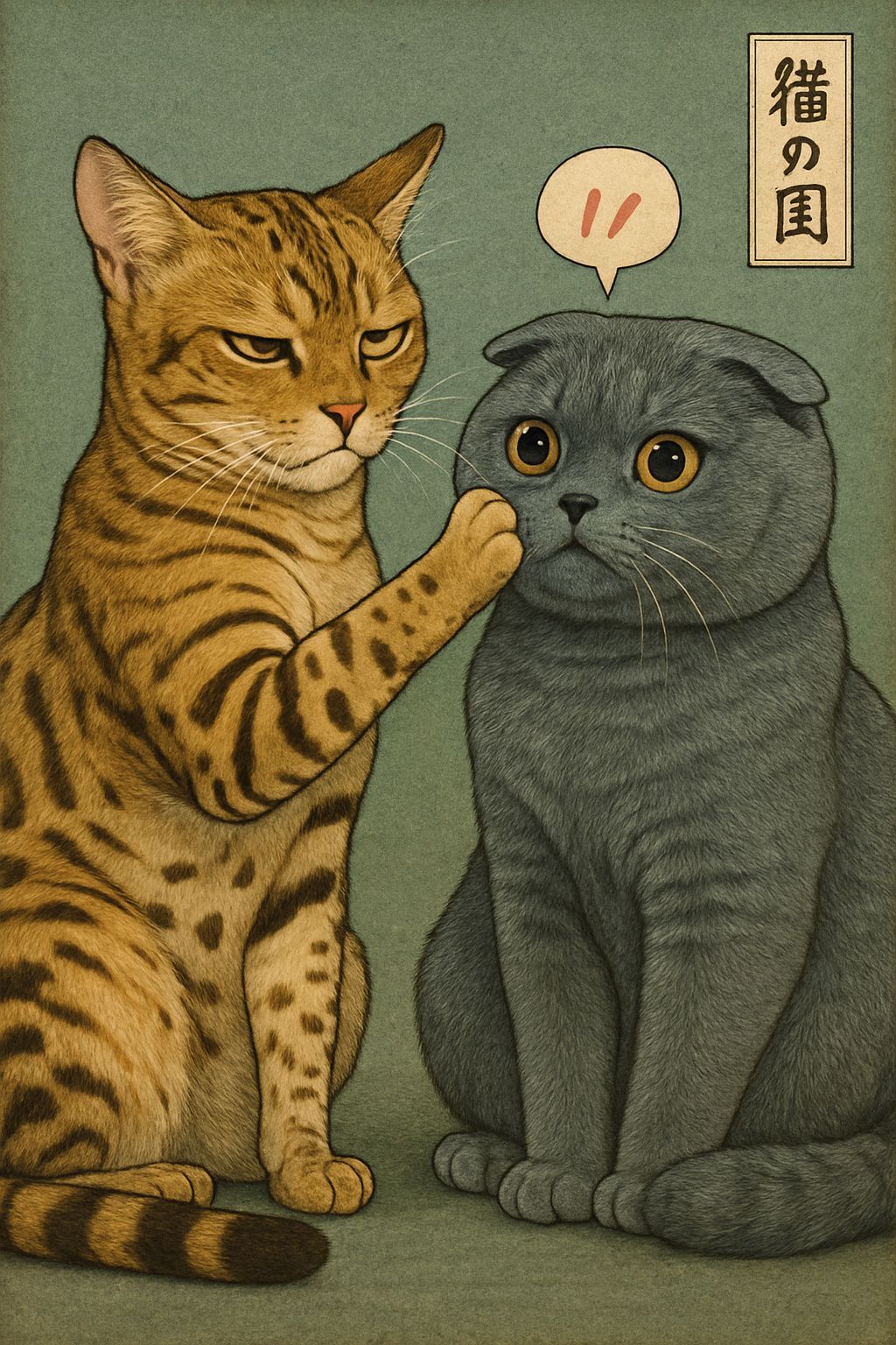 Whimsical Japanese Woodblock Print of Two Cats