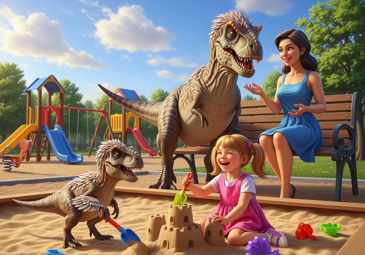 Baby T-Rex and Girl Playing: Hyperrealistic Friendship