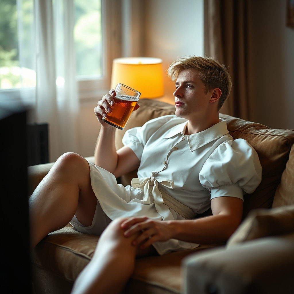 Man in Peter Pan Dress Lounging with Beer
