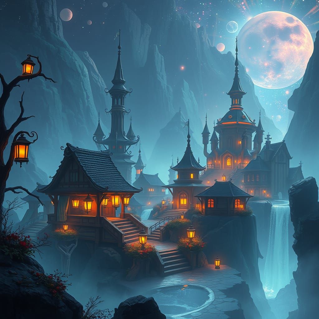 Ethereal Fantasy Village in a Dreamy Void