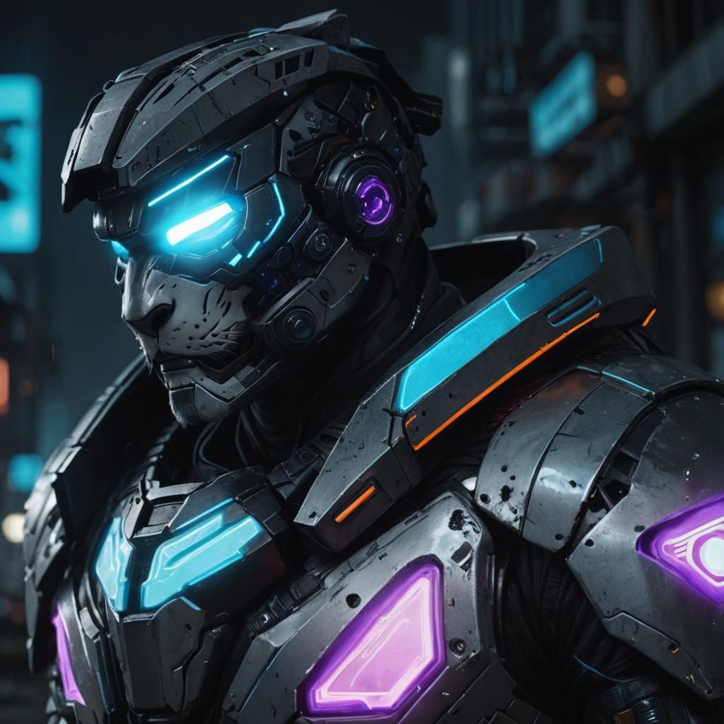 Cyberpunk White Tiger in Neon Armor